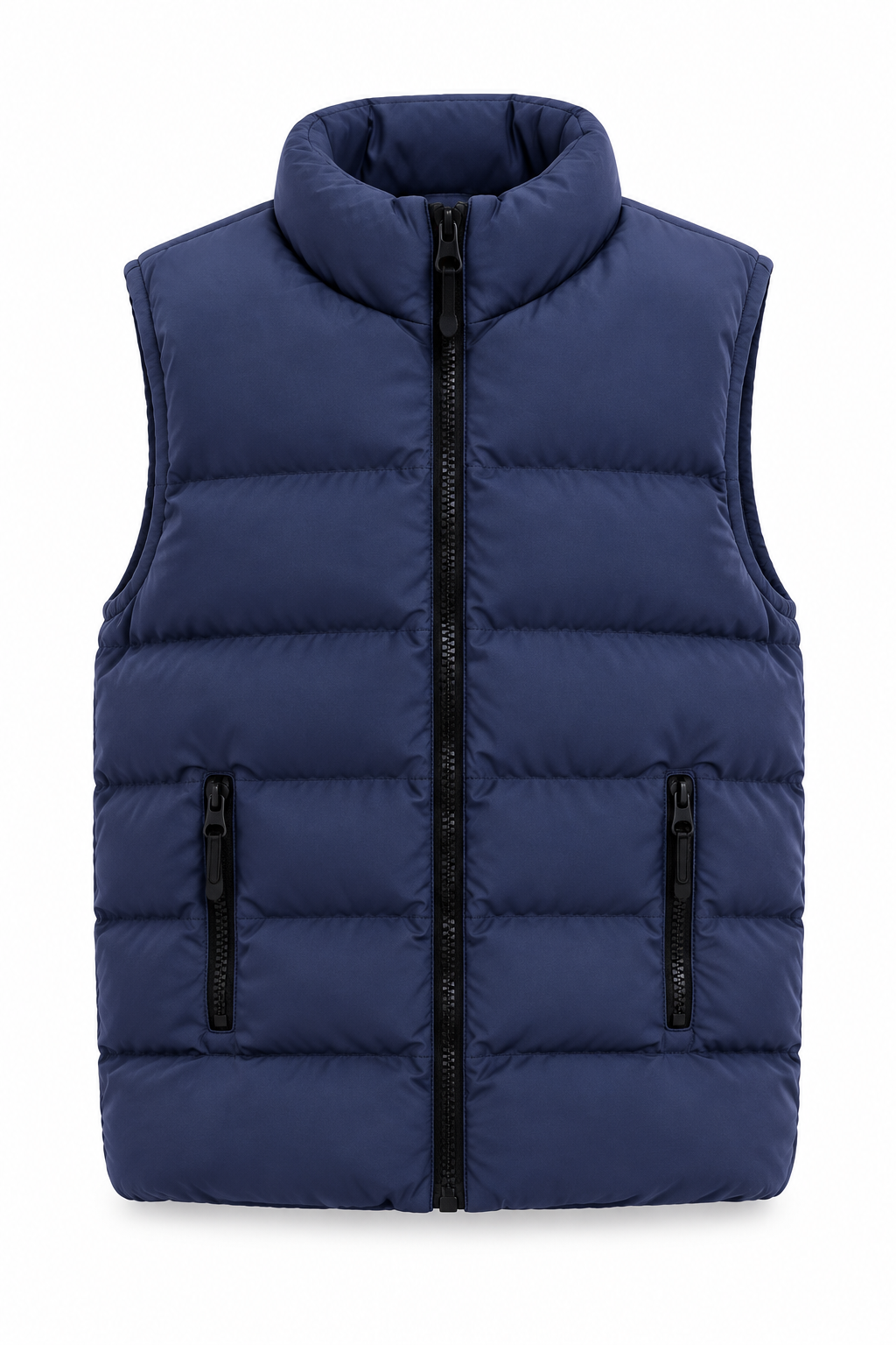 Navy quilted puffer vest with black front and pocket zippers