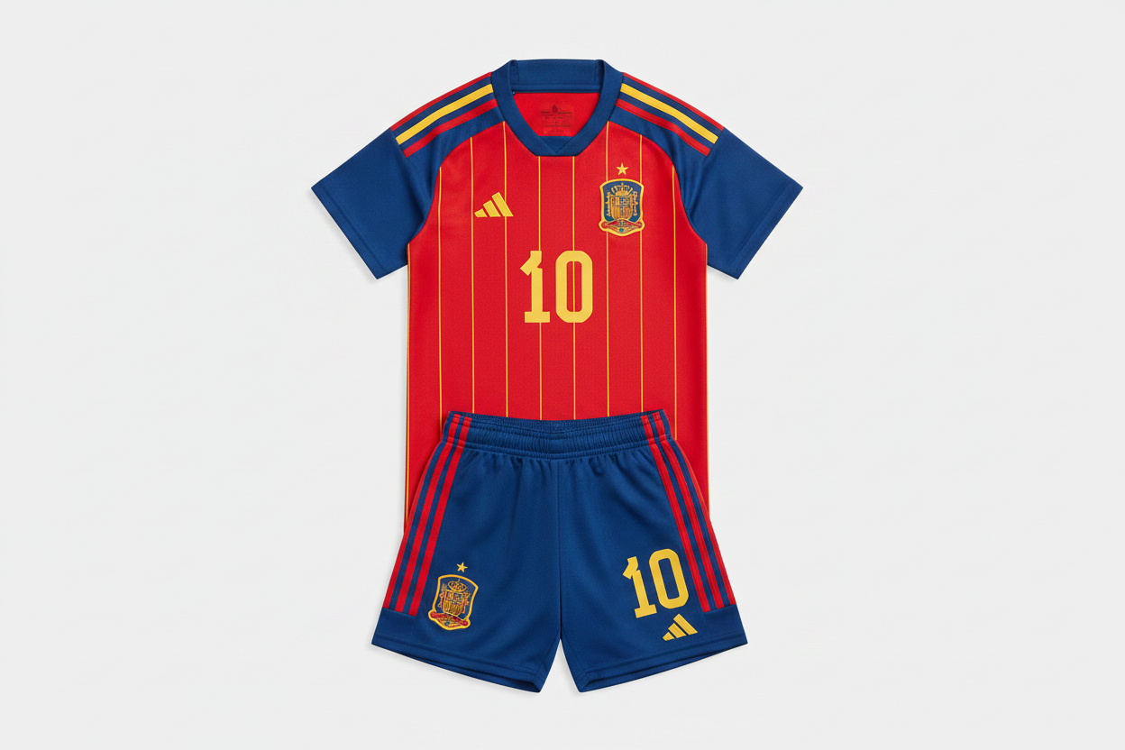 Spain Adidas kids football kit number 10 red and blue jersey and shorts product shot