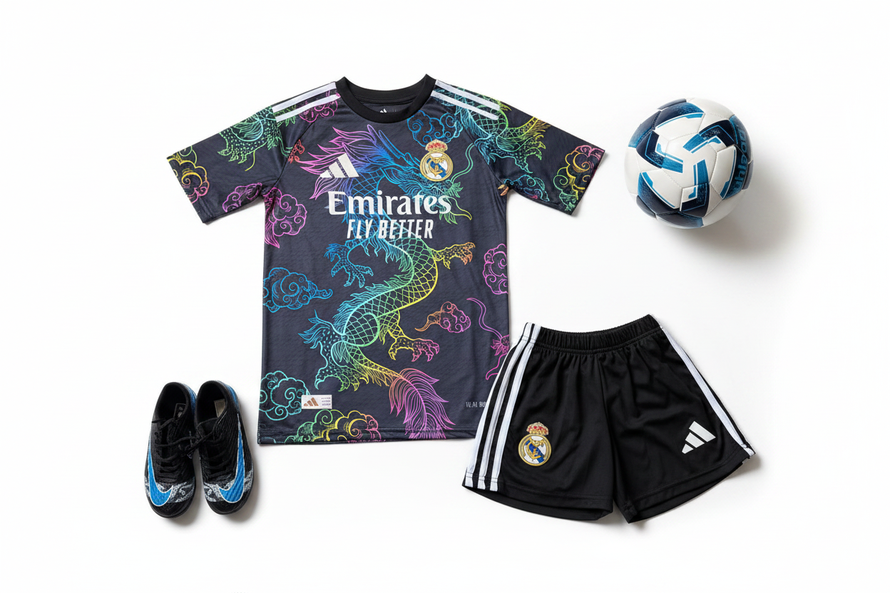 Real Madrid dragon kids football kit black neon jersey and black shorts product shot