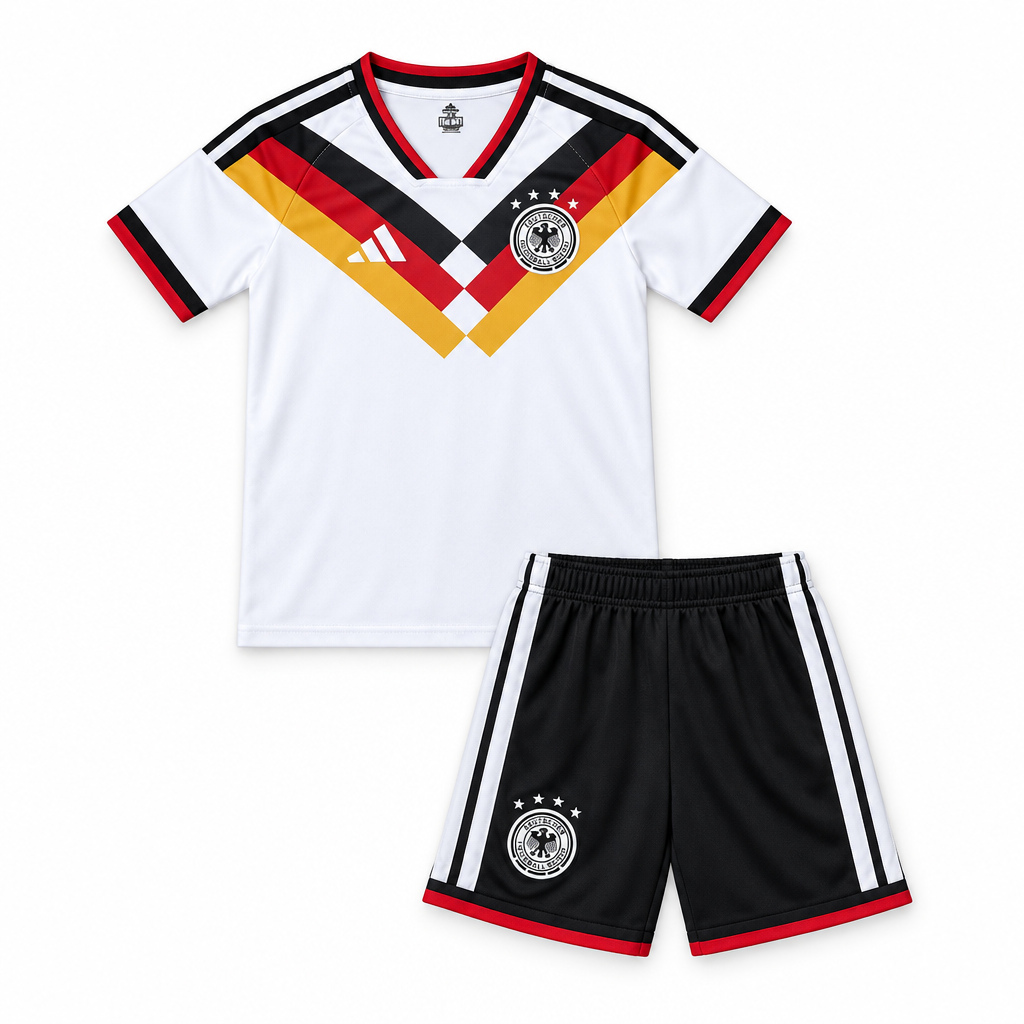 White football jersey with black, red, and gold details and matching black shorts on a white studio background