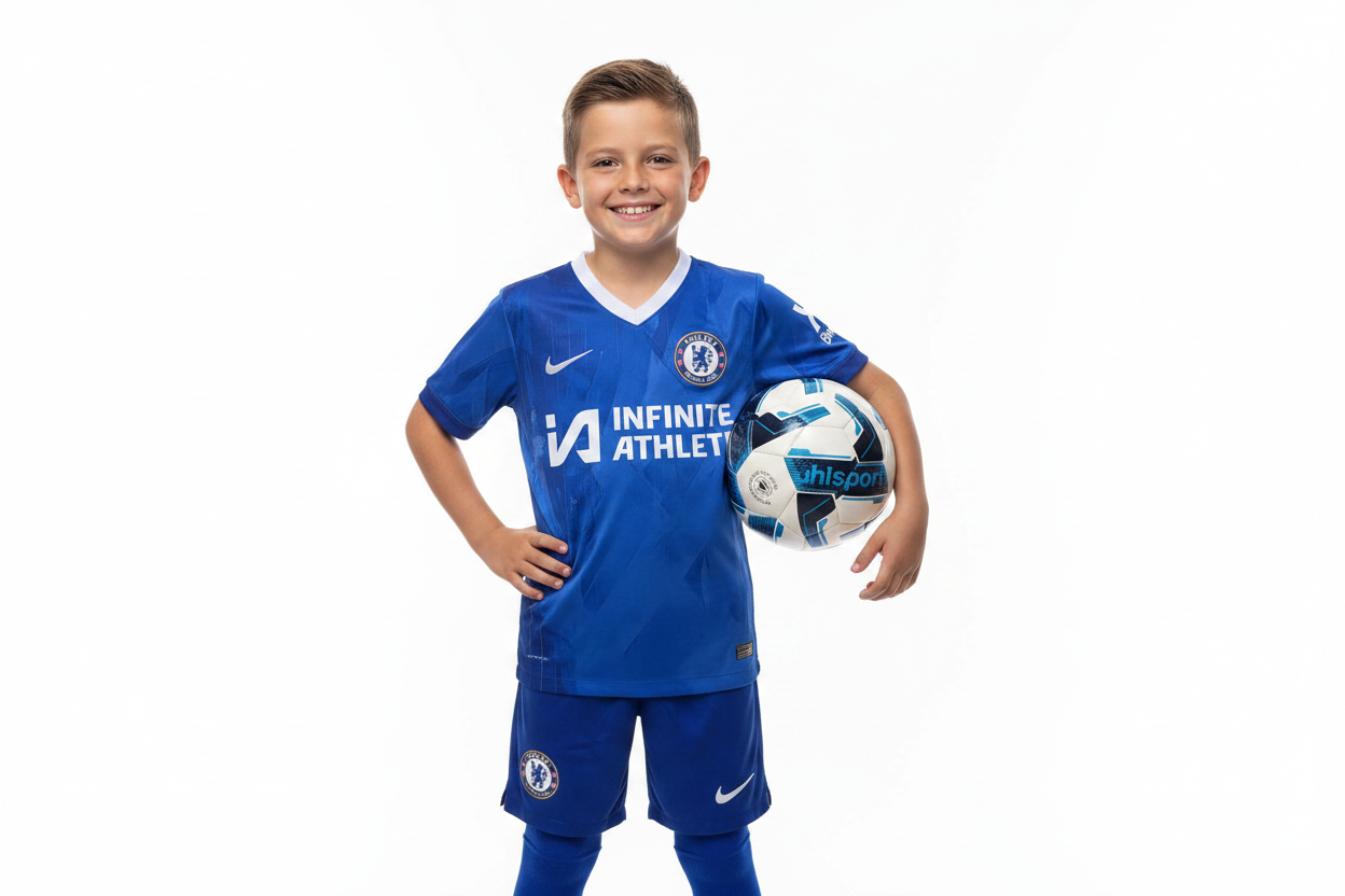 Boy wearing Chelsea FC kids football kit royal blue jersey and shorts
