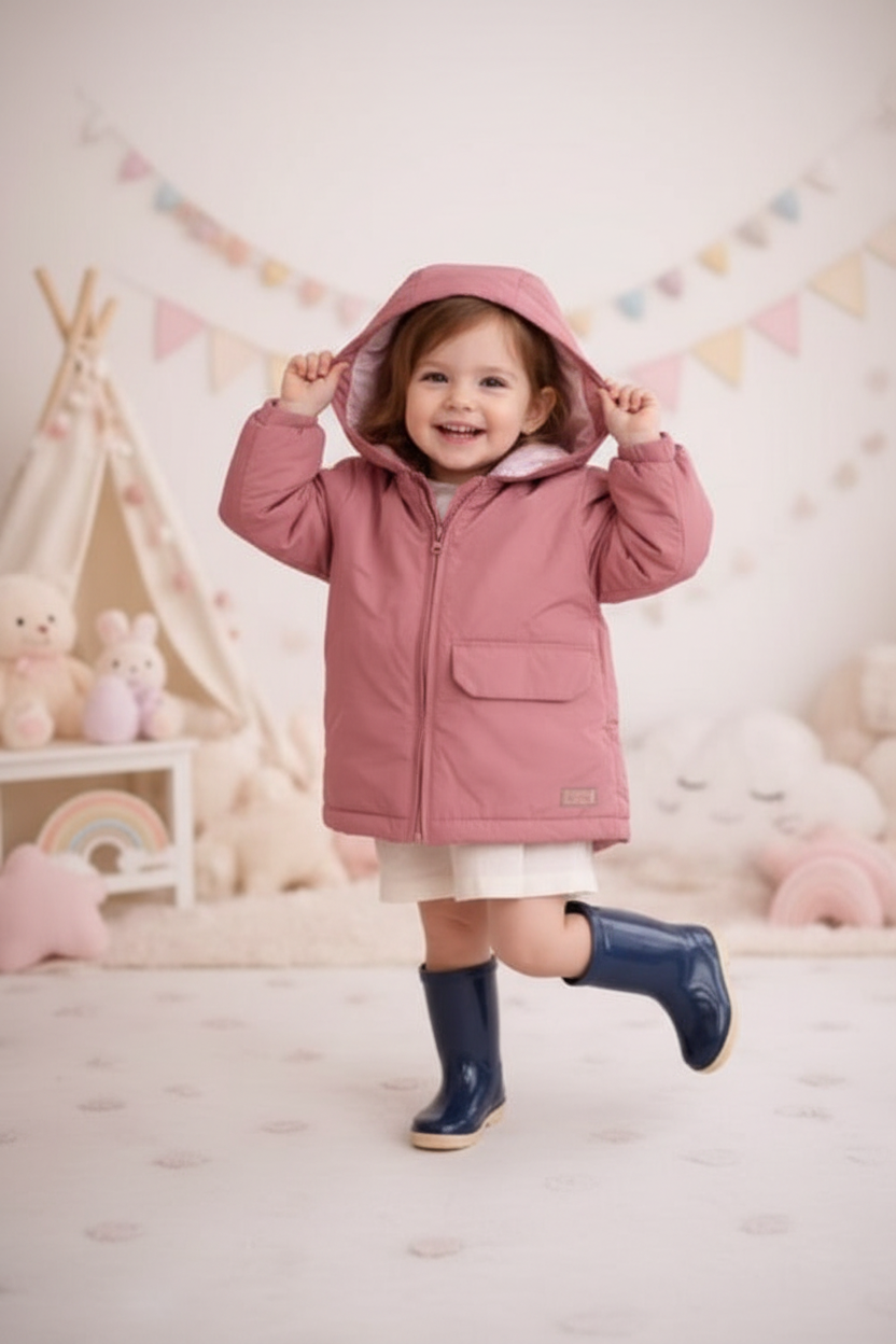 Toddler girl wearing pink hooded jacket