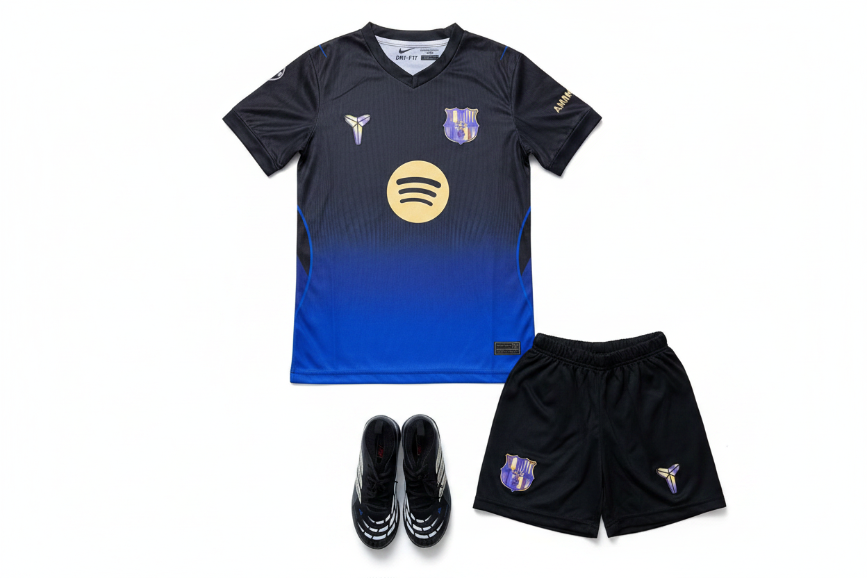 FC Barcelona x Kobe special edition kids football kit black blue gradient jersey and black shorts product shot
