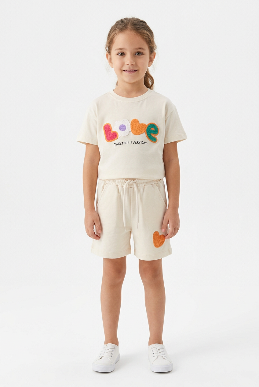 Girl wearing cream LOVE top and orange-heart shorts set