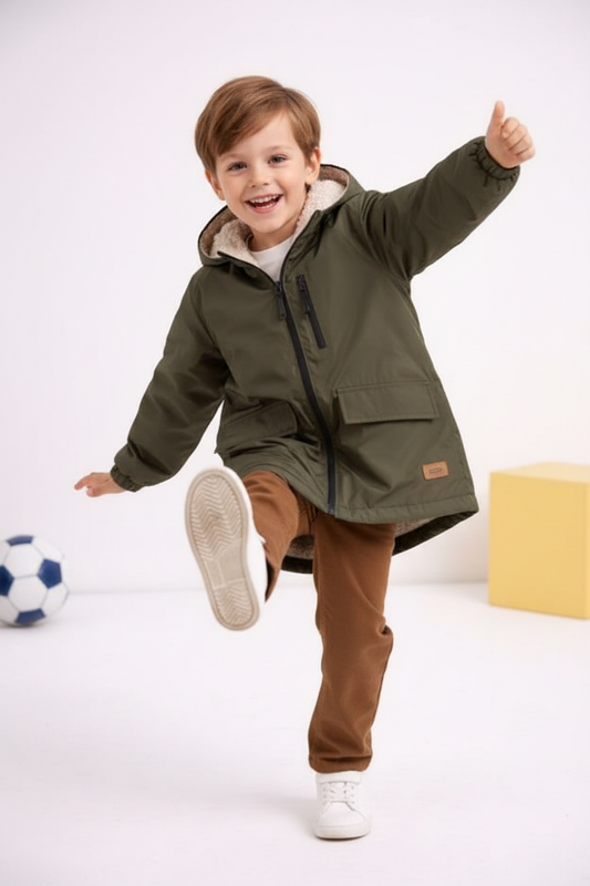 Boy wearing olive green hooded windbreaker jacket