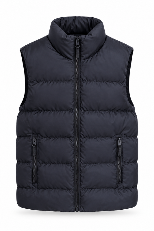 Dark charcoal quilted puffer vest with black zippers