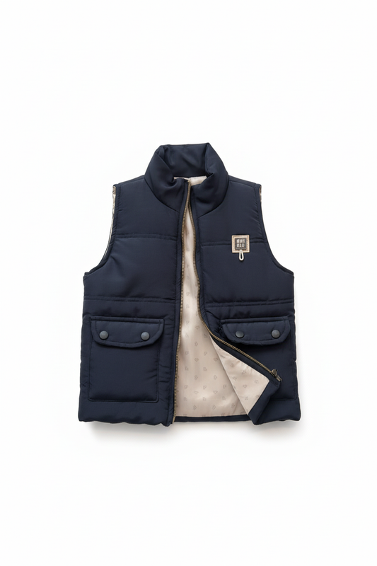 Kids navy padded vest with snap pockets on white background