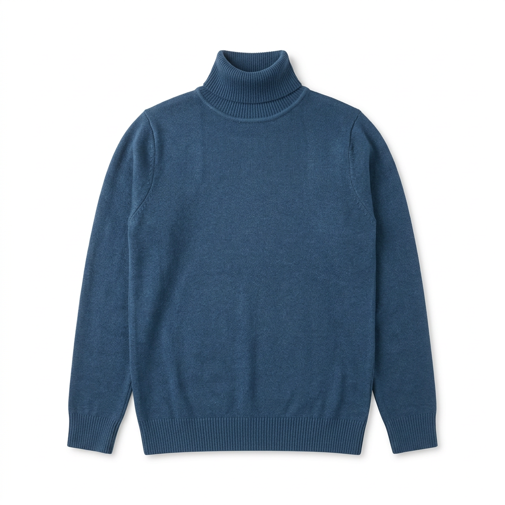 Blue turtleneck sweater on a white background