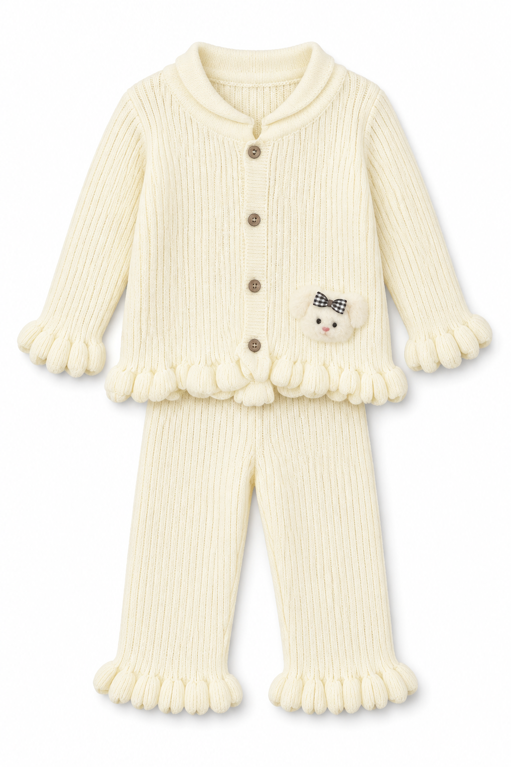 Cream knitted baby cardigan and pants with ruffled edges and teddy bear detail