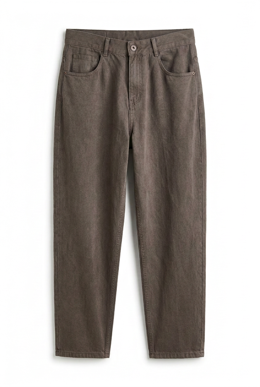 Front view of dark taupe straight-leg pants on a white background