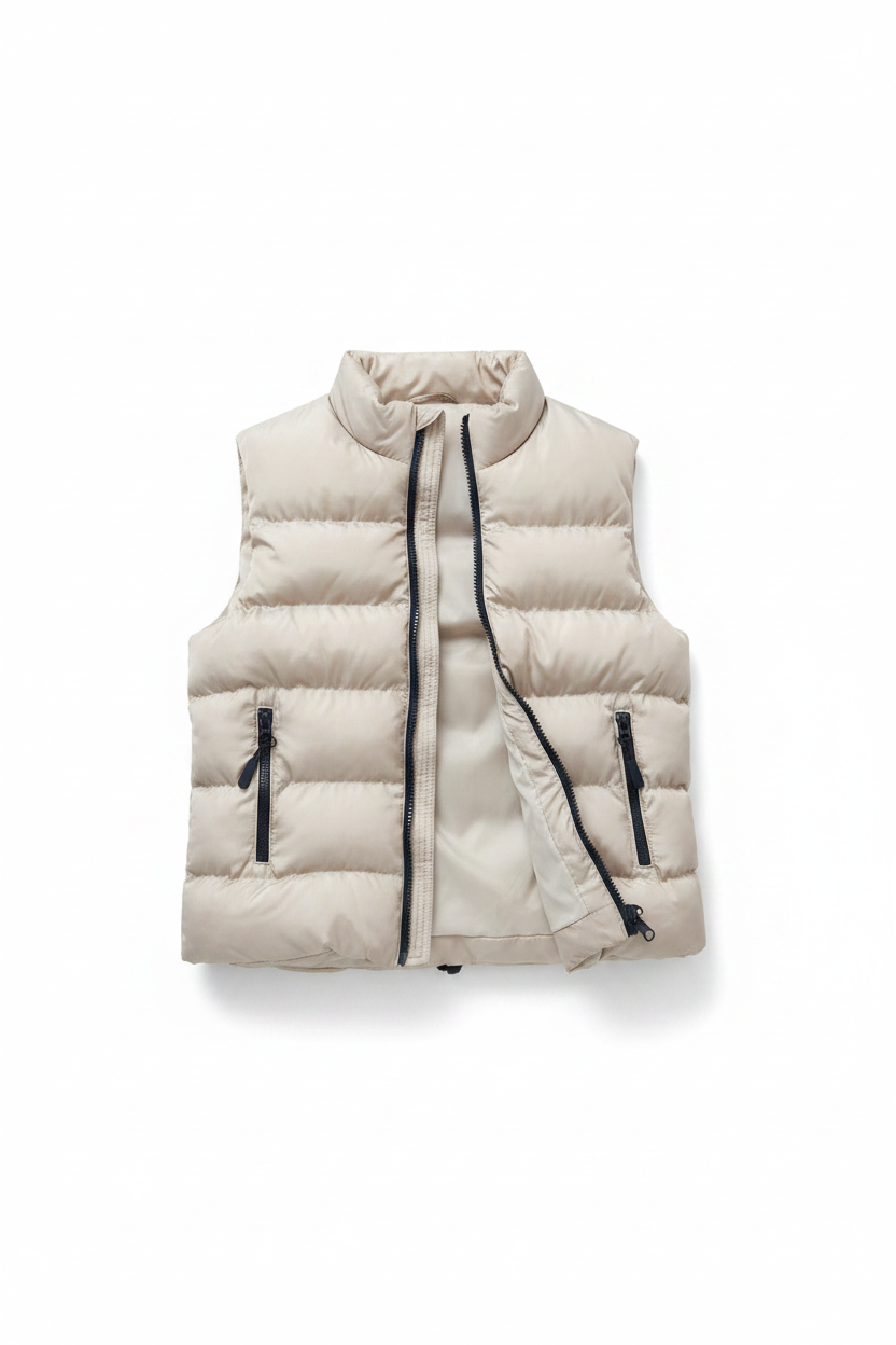 Kids beige quilted puffer vest on white background