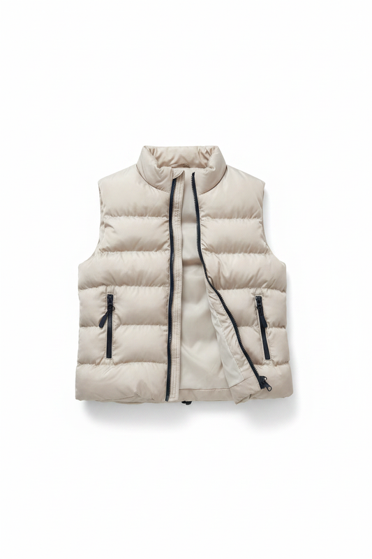 Kids beige quilted puffer vest on white background
