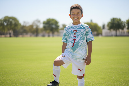 Boy wearing Portugal Puma away football kit number 7 white teal jersey and white shorts