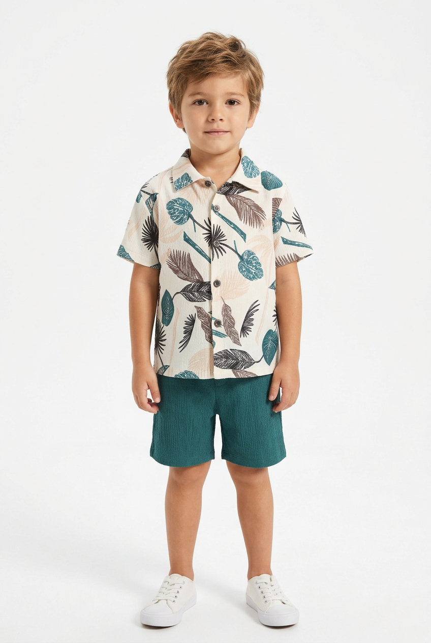 Boy wearing ivory botanical shirt and textured teal shorts