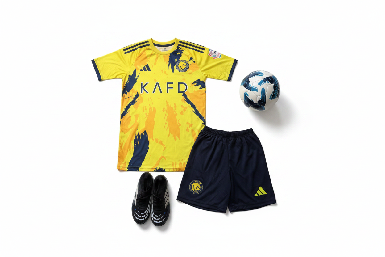Al-Nassr kids football kit yellow jersey navy shorts product shot