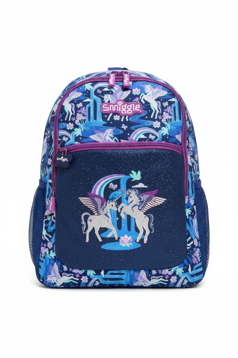 Smiggle Unicorn Glitter kids backpack on white background