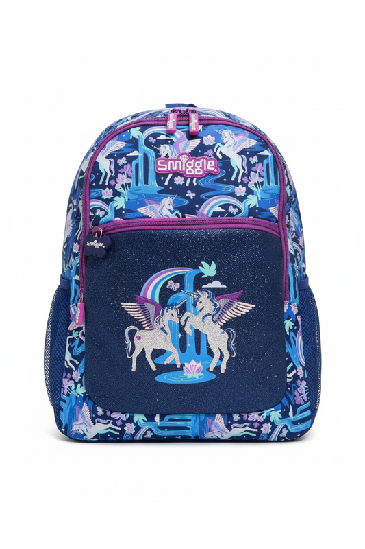 Smiggle Unicorn Glitter kids backpack on white background