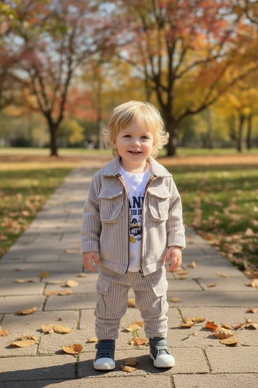 Toddler boy wearing beige striped zip jacket and matching pants