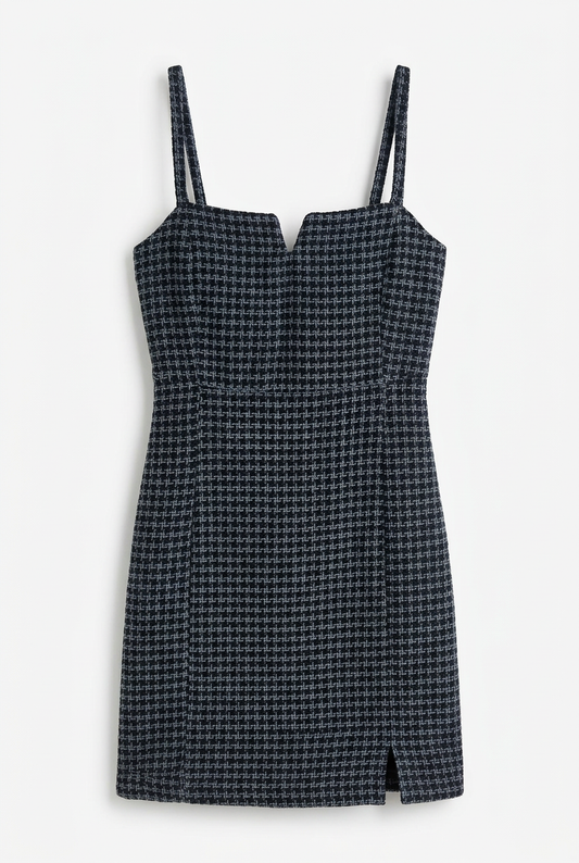Front studio view of dark woven strappy dress on a white background