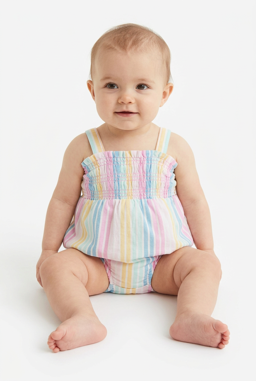 Baby girl wearing pastel striped smocked romper