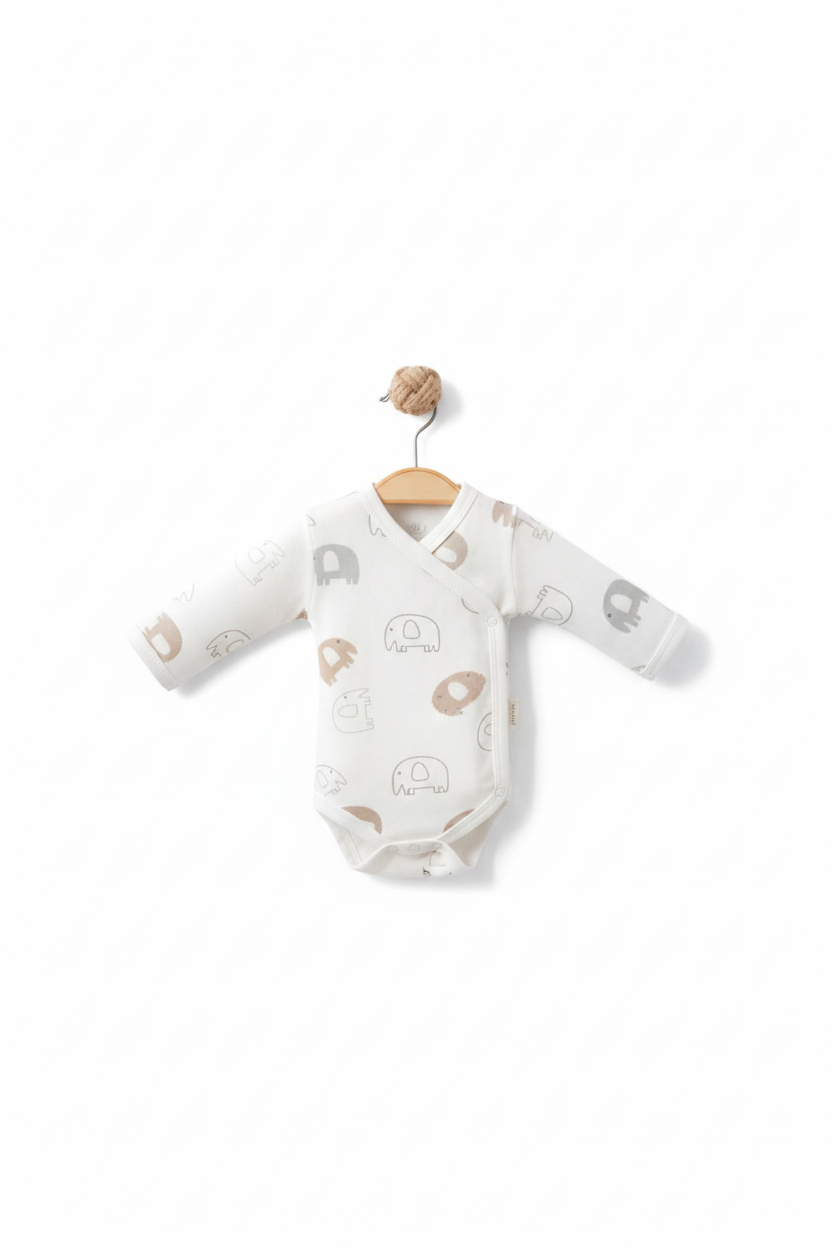 White baby animal print wrap onesie on white background
