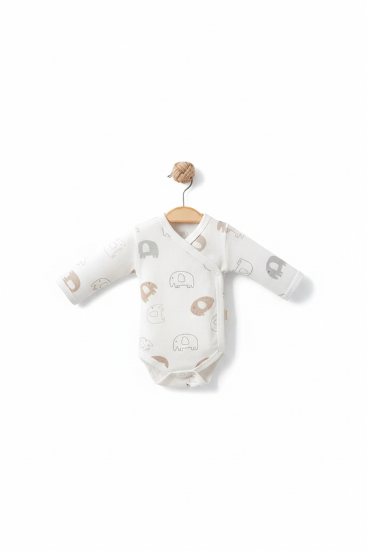 White baby animal print wrap onesie on white background