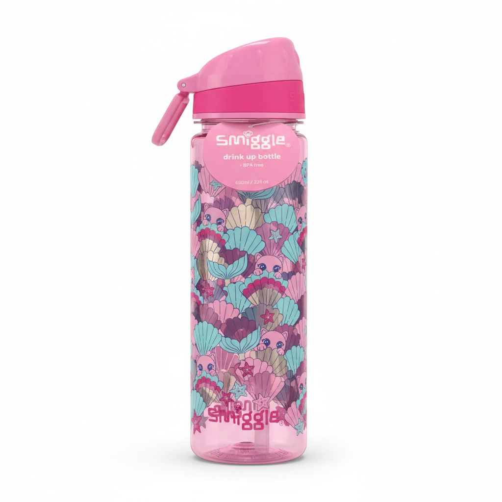 Smiggle drink up bottle mermaid cat print in pink and teal on white background
