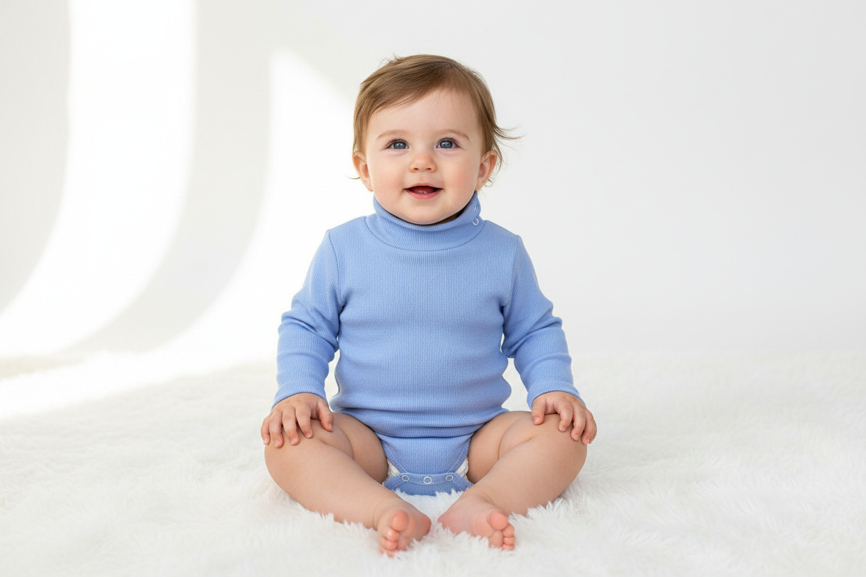 Baby wearing blue wool ribbed turtleneck bodysuit