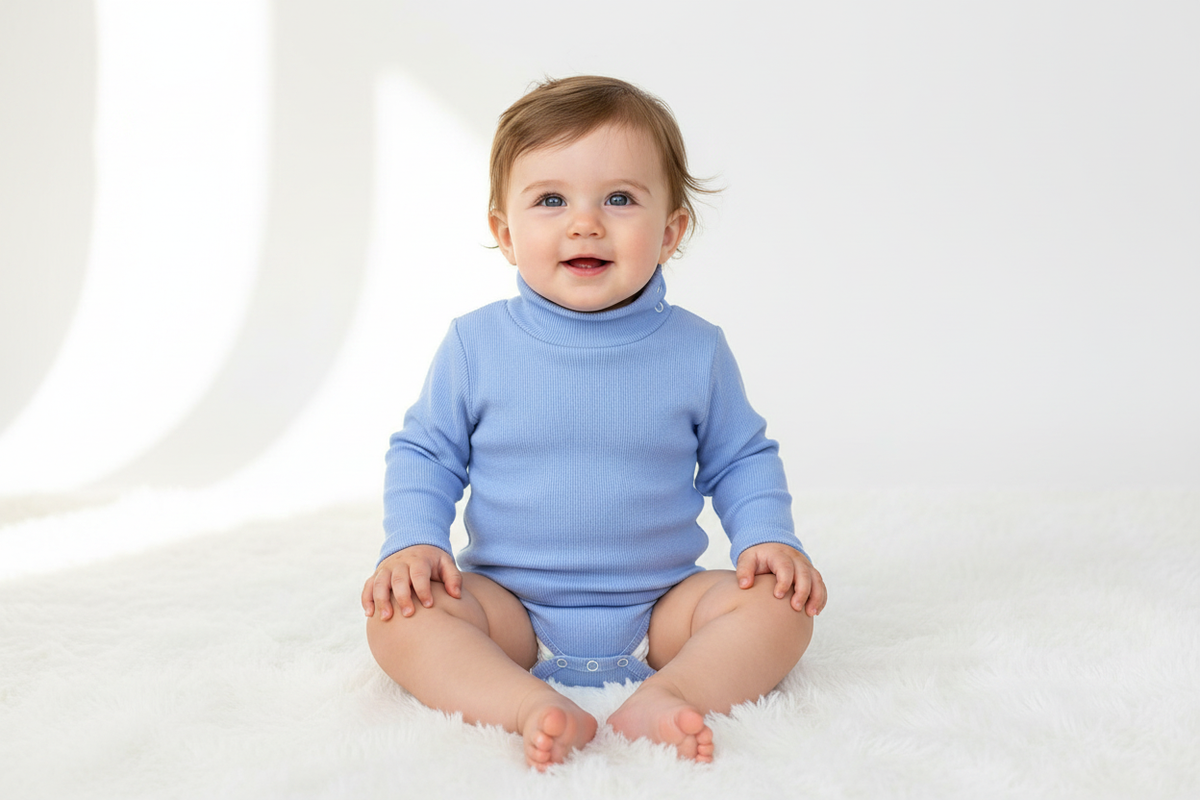 Baby wearing blue wool ribbed turtleneck bodysuit