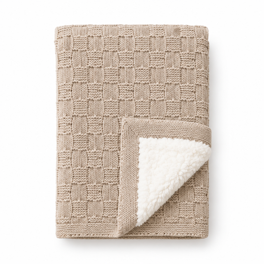 Beige textured knit baby blanket with white plush lining