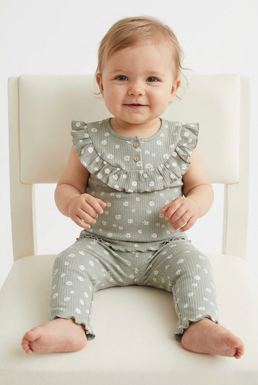 Baby girl wearing sage-green daisy ruffle top and pants