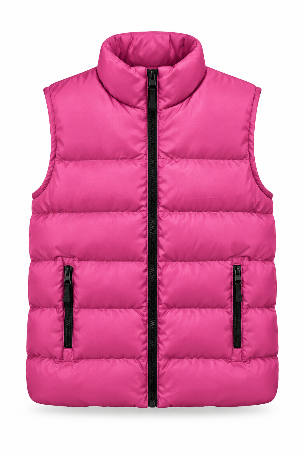 Pink quilted puffer vest with black zippers