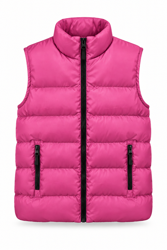 Pink quilted puffer vest with black zippers