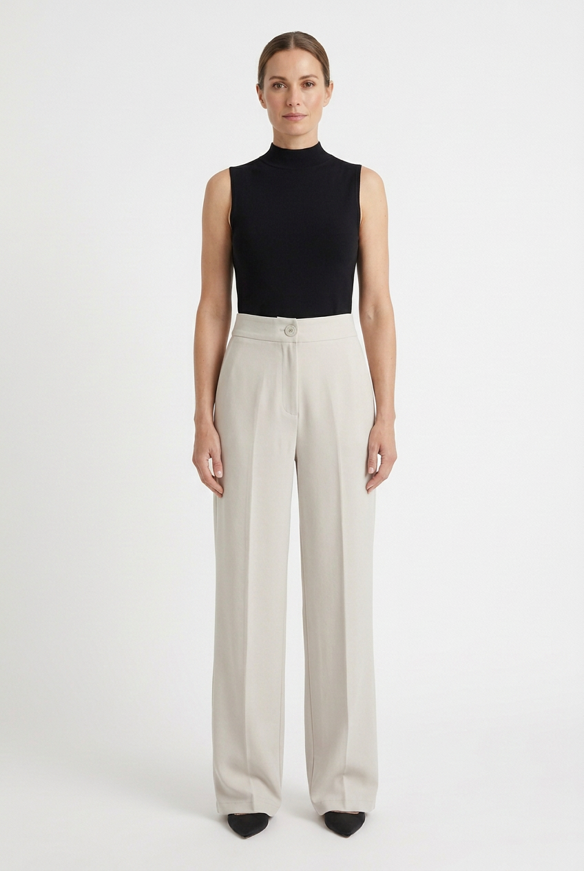 Model wearing long light stone wide-leg trousers with a black top and heels