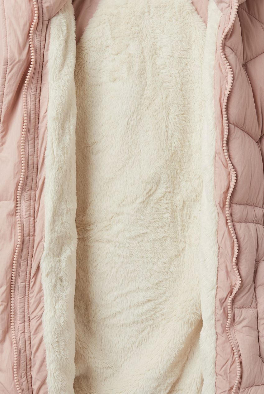 Close-up of cream plush lining and zipper inside pink puffer jacket