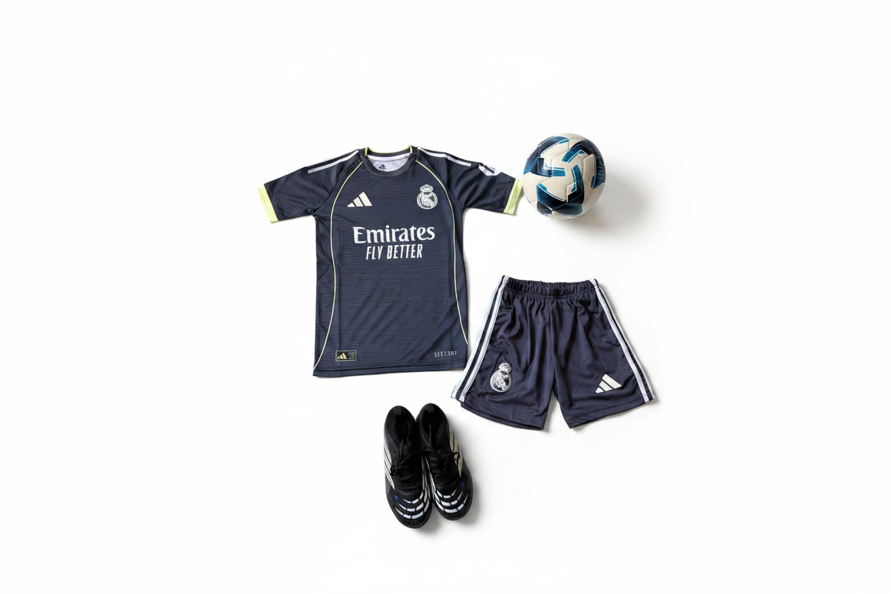 Real Madrid kids away football kit dark navy jersey and shorts product shot