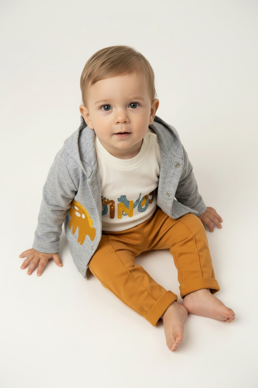 Baby boy wearing grey hoodie, dinosaur tee and mustard pants