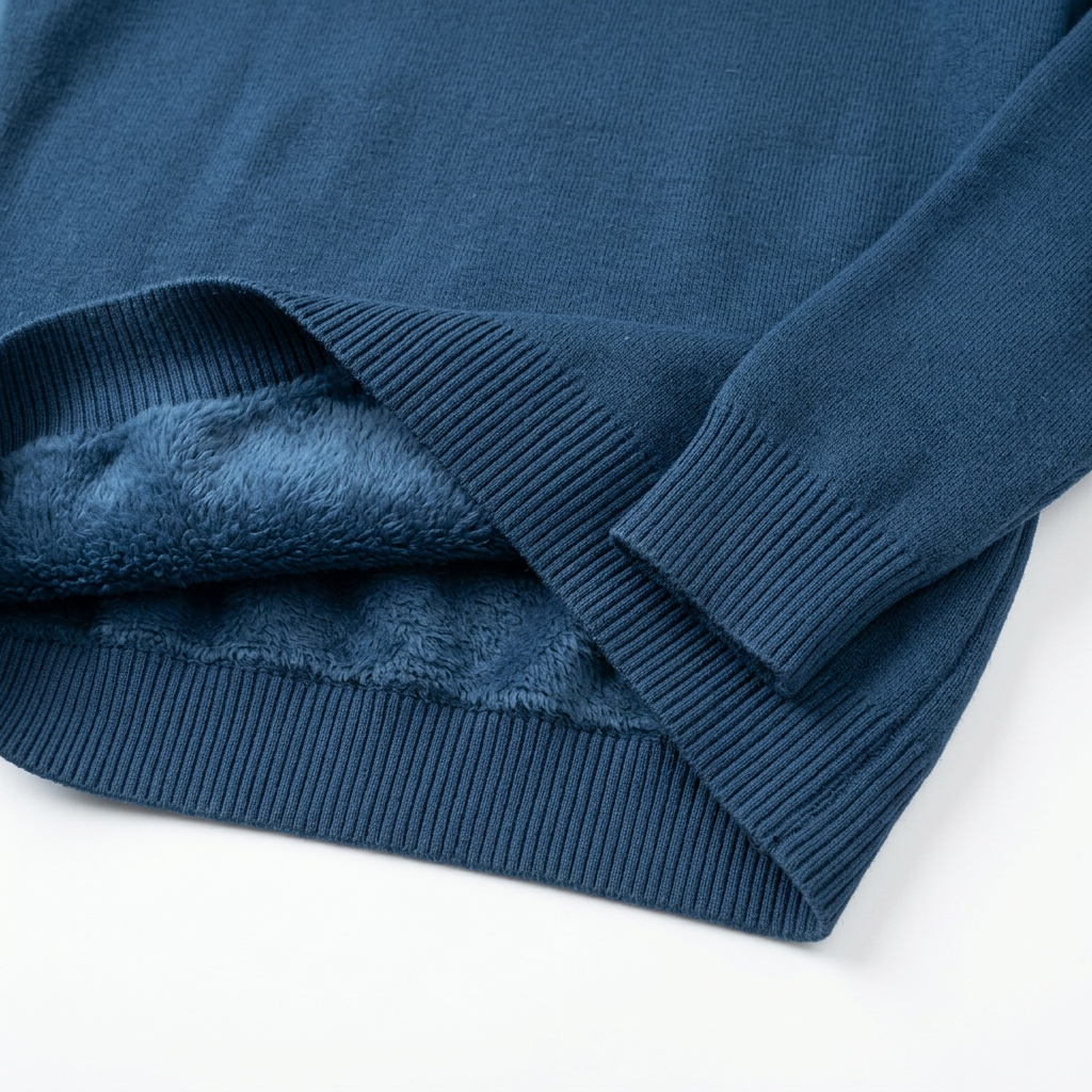 Close-up of blue sweater knit texture and fleece lining