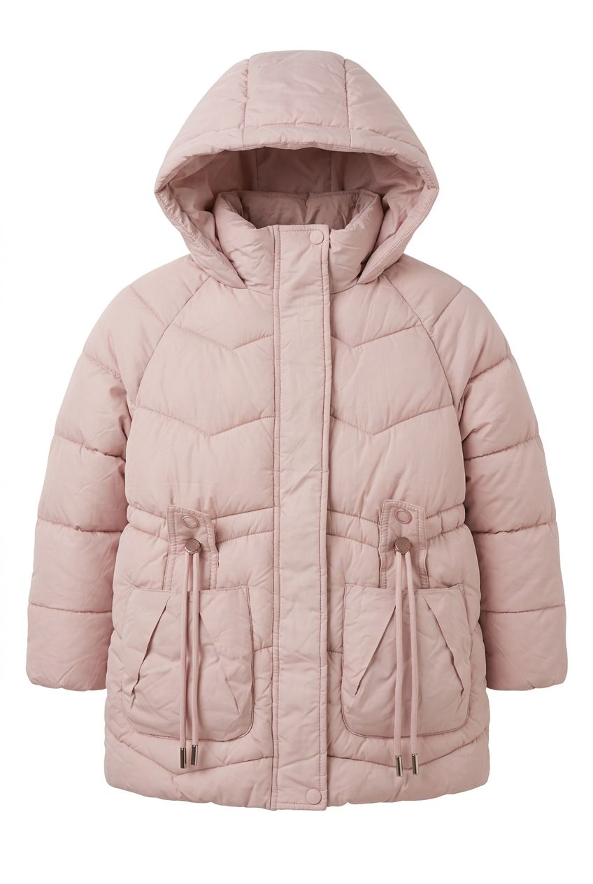 Dusty pink hooded puffer jacket front view