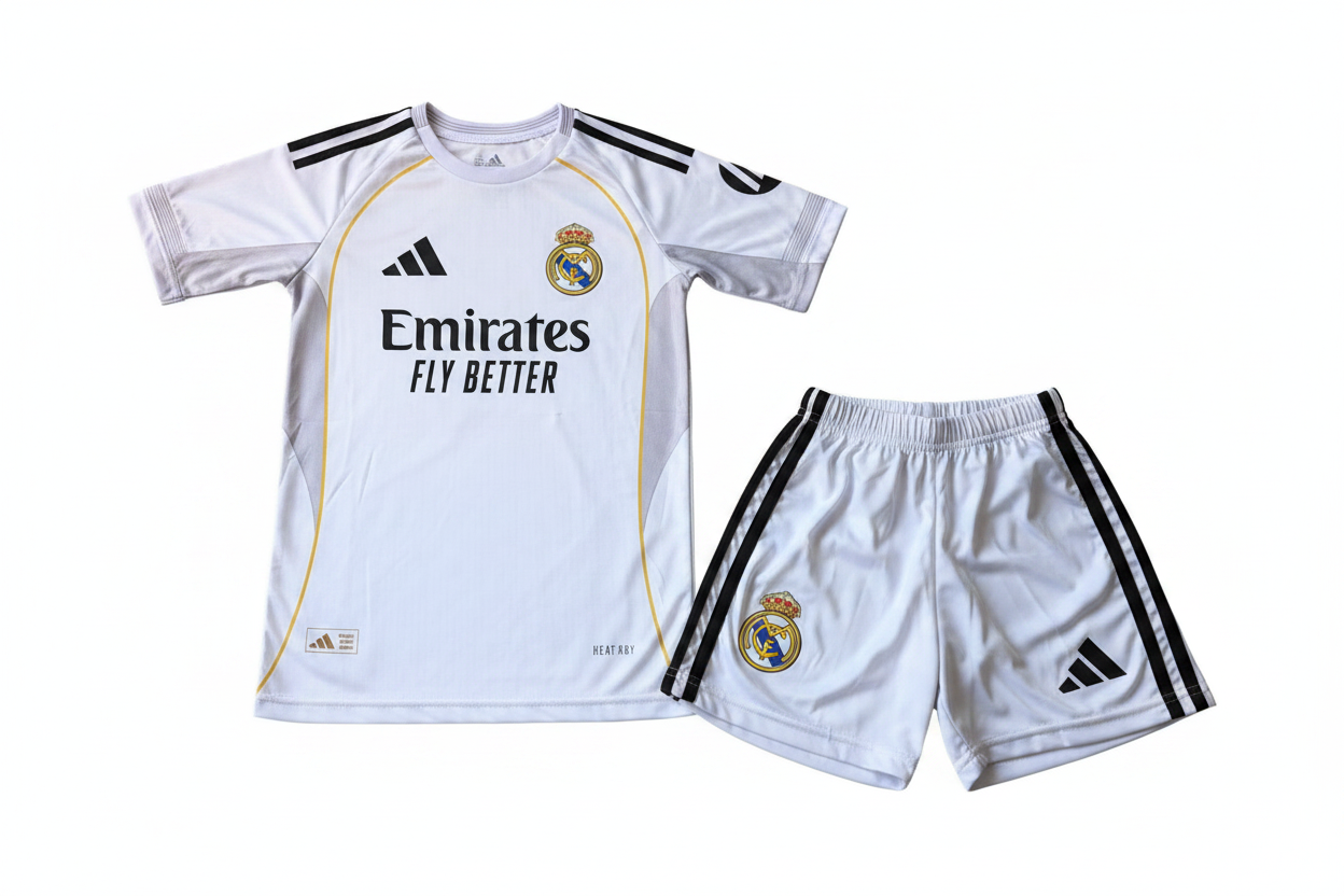Real Madrid kids home football kit white jersey and shorts product shot