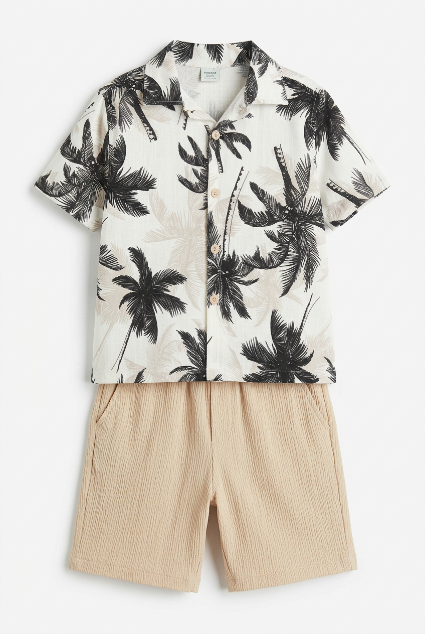 Palm-print shirt and textured beige shorts set flat lay on white