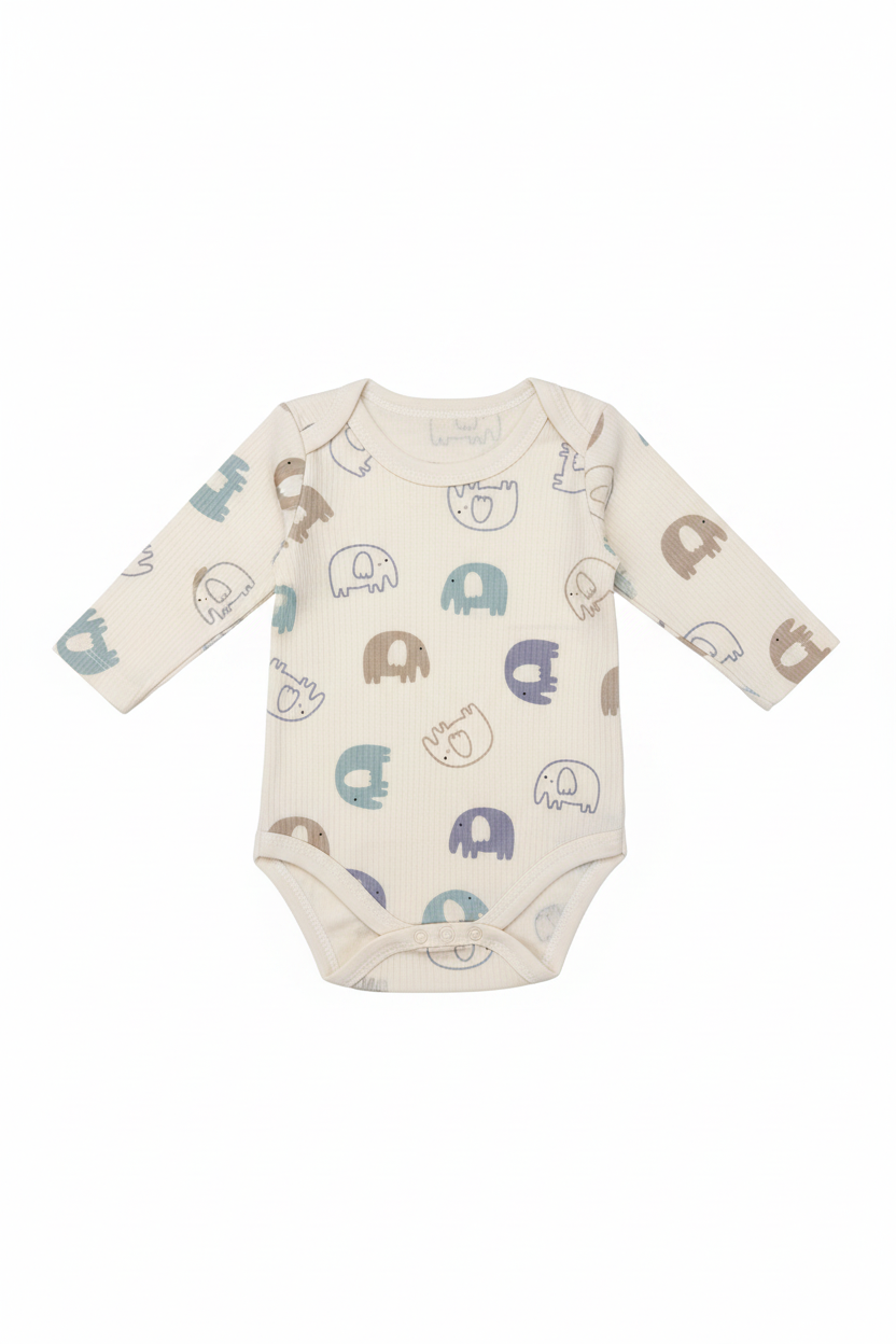 Baby elephant print long-sleeve onesie on white background