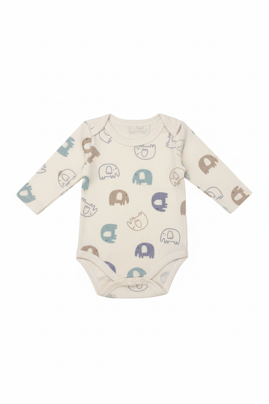 Baby elephant print long-sleeve onesie on white background