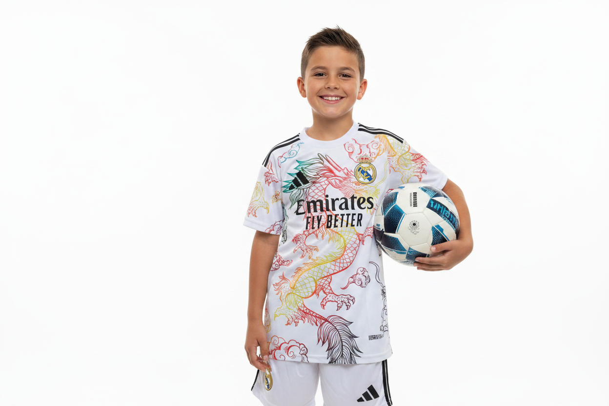 Boy wearing Real Madrid white dragon kids football kit