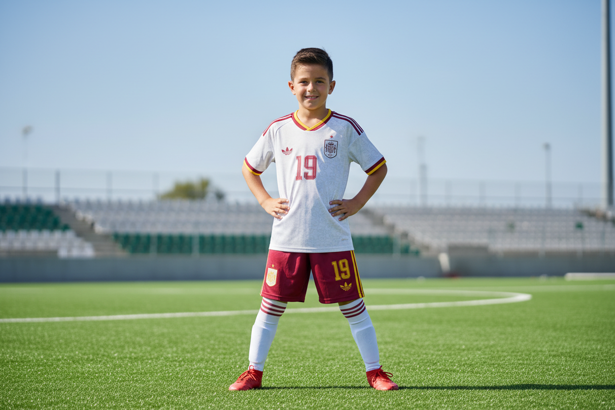 Boy wearing Spain Adidas football kit number 19 white jersey and burgundy shorts