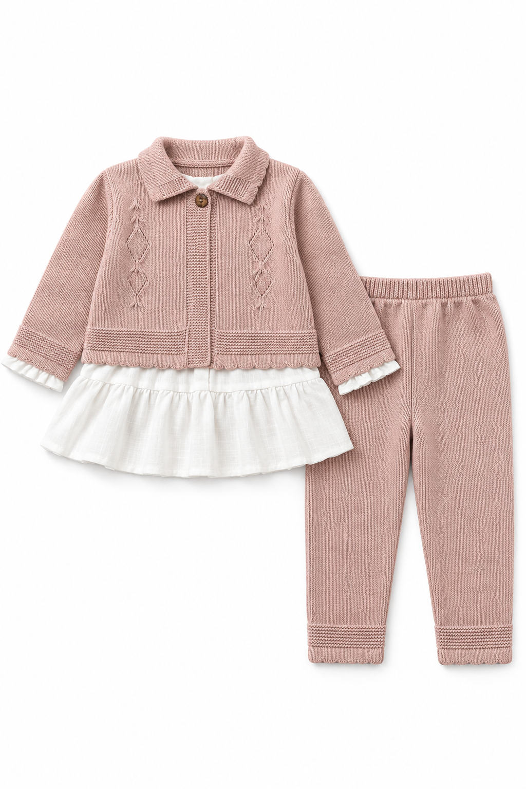 Dusty-pink baby knit top with white ruffle layer and matching pants