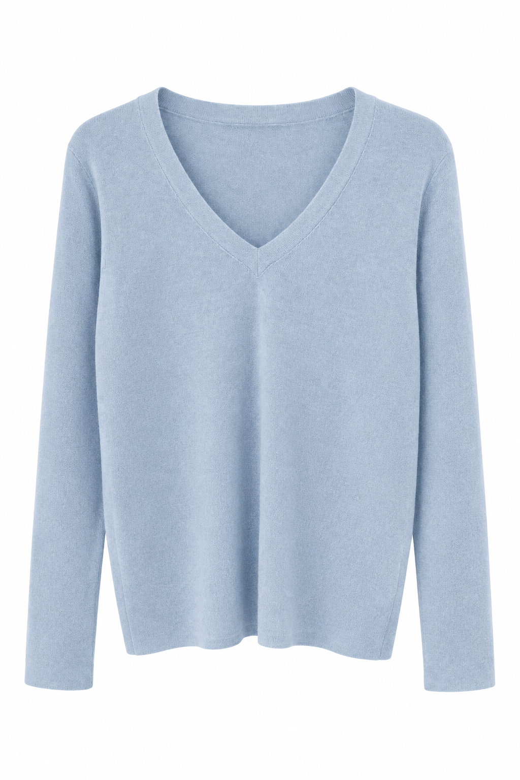 Light blue V-neck fine knit sweater on a white background
