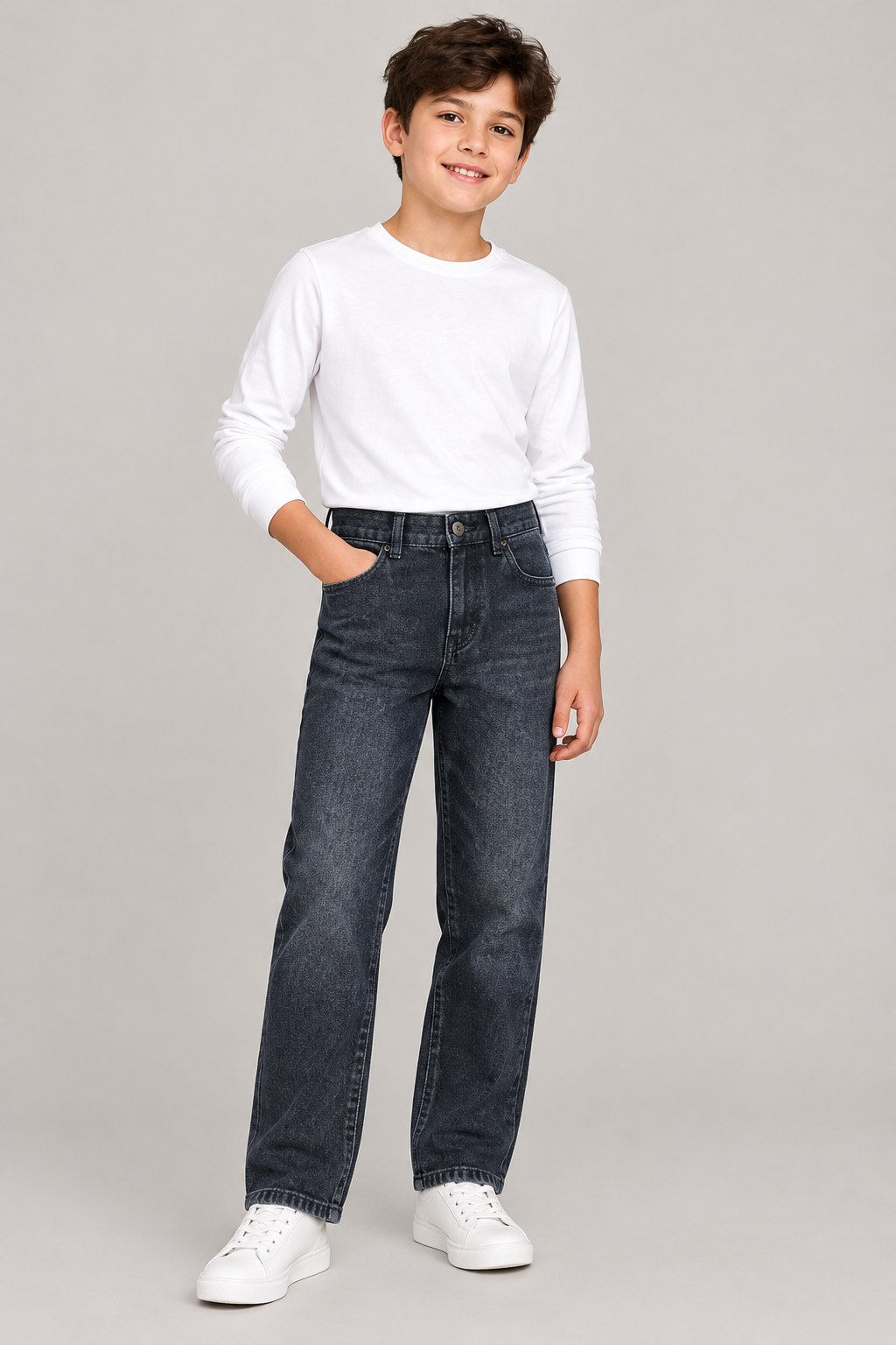 Boy modelling dark-wash straight-leg jeans