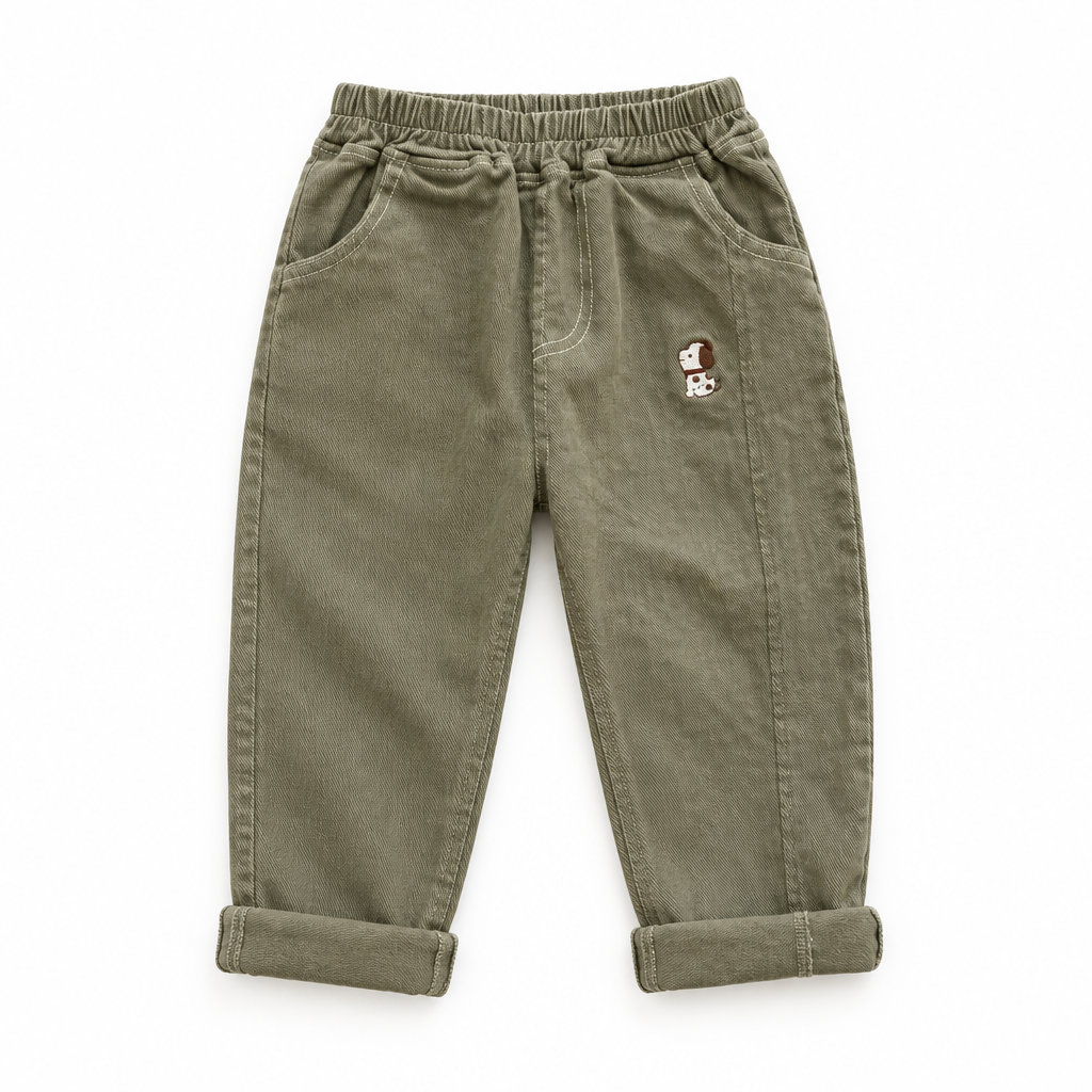 Olive-green children's pants with elastic waistband and embroidered detail