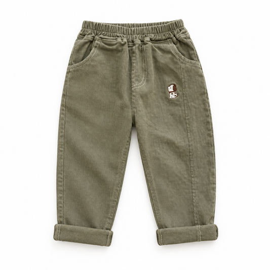 Olive-green children's pants with elastic waistband and embroidered detail